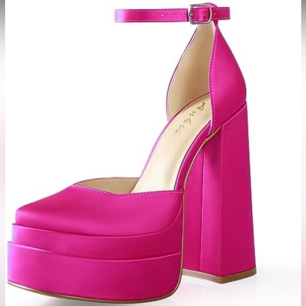 Ankis Womens Chunky Platform Y2K 70’s Satin Heels Closed Toe Hot Pink Size 8